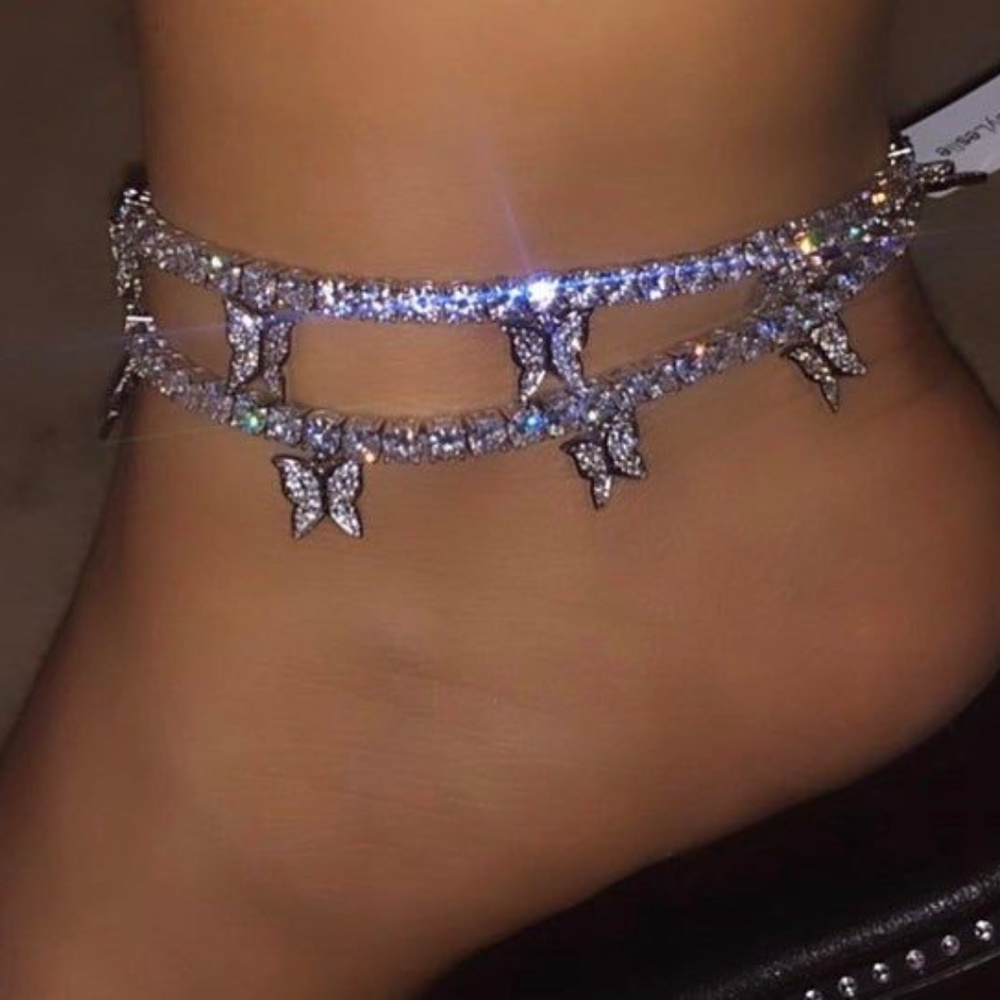 Stainless Steel 18k Gold Crystal Butterfly Anklet